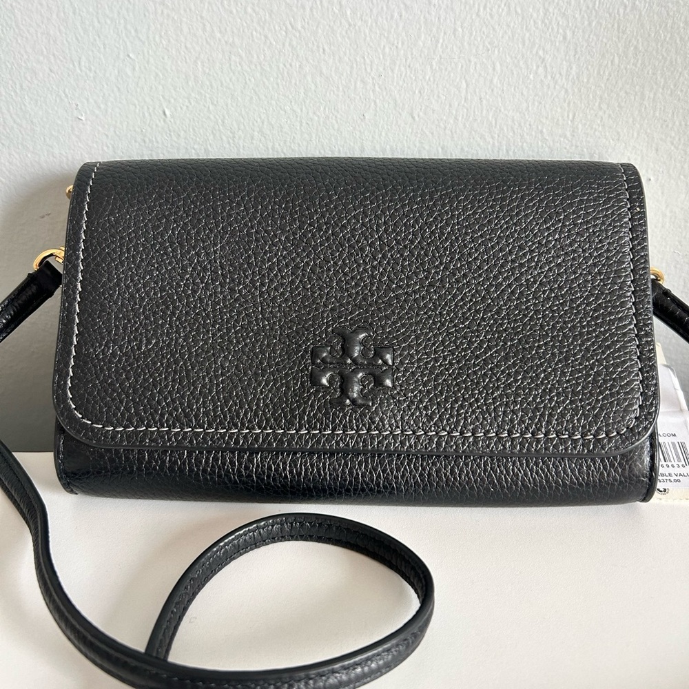 Tory Burch Black Pebbled Leather Wallet Crossbody with Logo